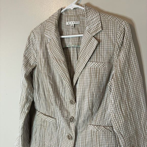 Cabi Plaid Jacket Blazer Tan Beige Textured Crinkle Style 346 Sz Medium - Picture 2 of 7